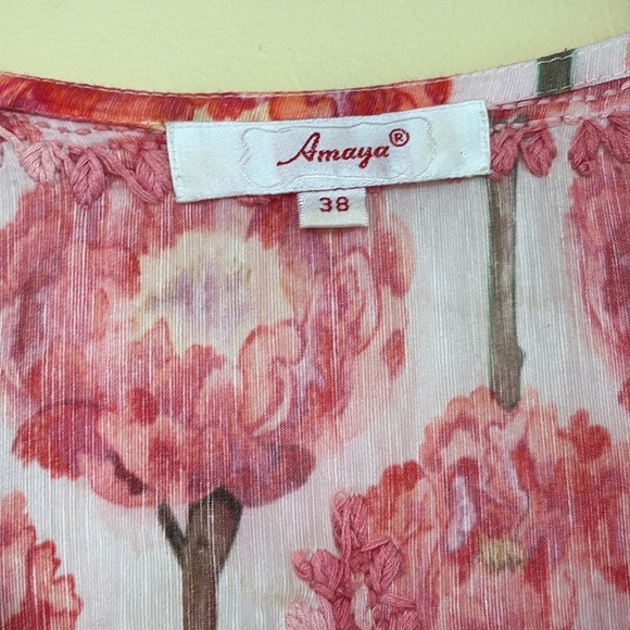 Amaya Pink White Hand Embroidered Peony Floral Split Neck Lightweight Dress 38/S - Picture 5 of 17